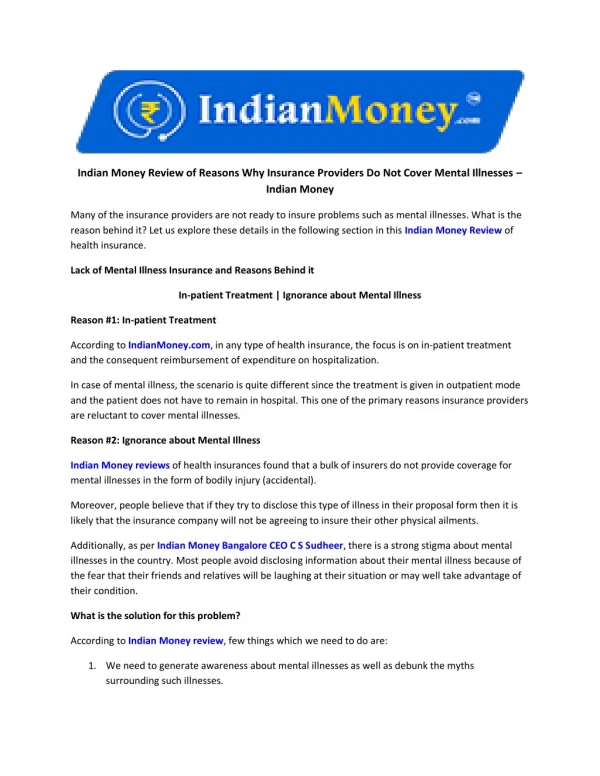 Indian Money Review of Reasons Why Insurance Providers Do Not Cover Mental Illnesses – Indian Money