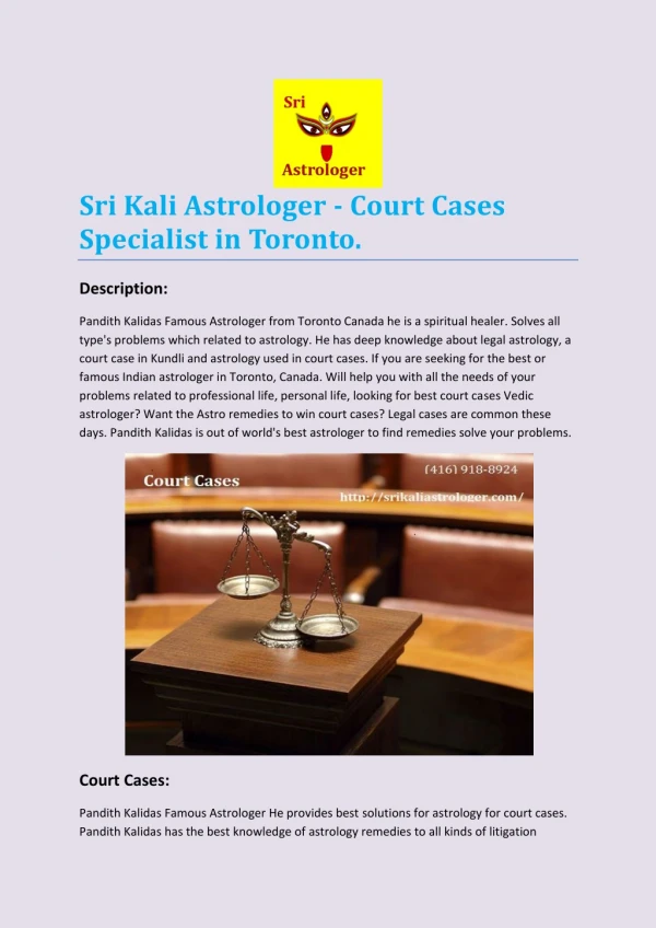 Sri Kali Astrologer - Court Cases Specialist in Toronto.