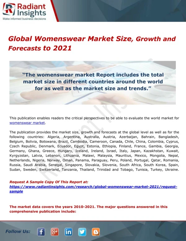 Global Womenswear Market Size, Growth and Forecasts to 2021