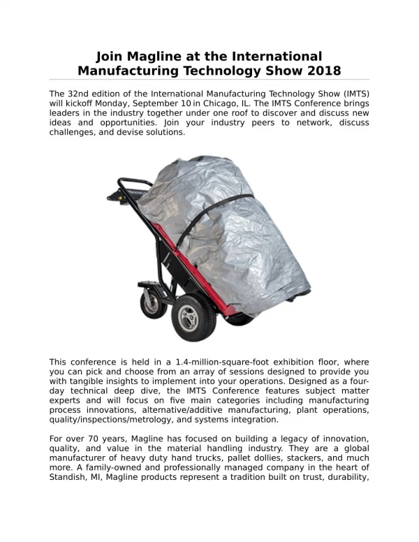 Join Magline at the International Manufacturing Technology Show 2018