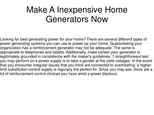 Make A Inexpensive Home Generators Now