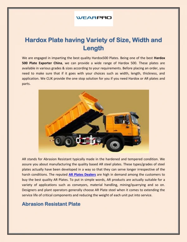 Hardox Plate having Variety of Size, Width and Length