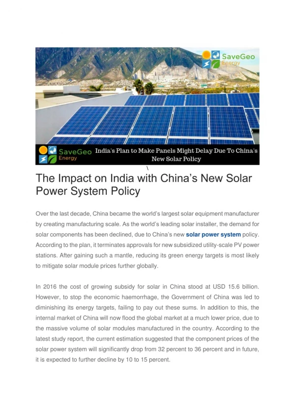 The Impact on India with Chinaâ€™s New Solar Power System Policy