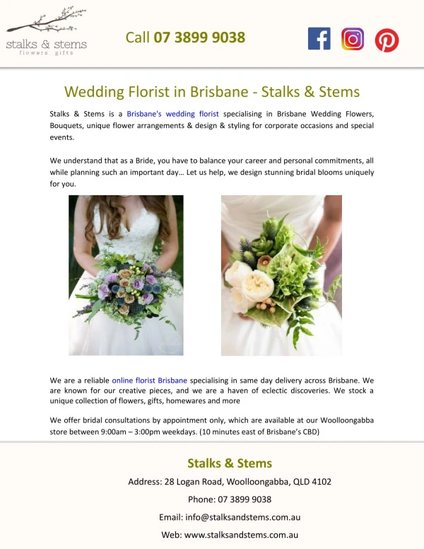 Wedding Florist in Brisbane - Stalks & Stems