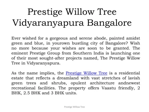 Prestige Willow Tree | Vidyaranyapura | Bangalore | Price