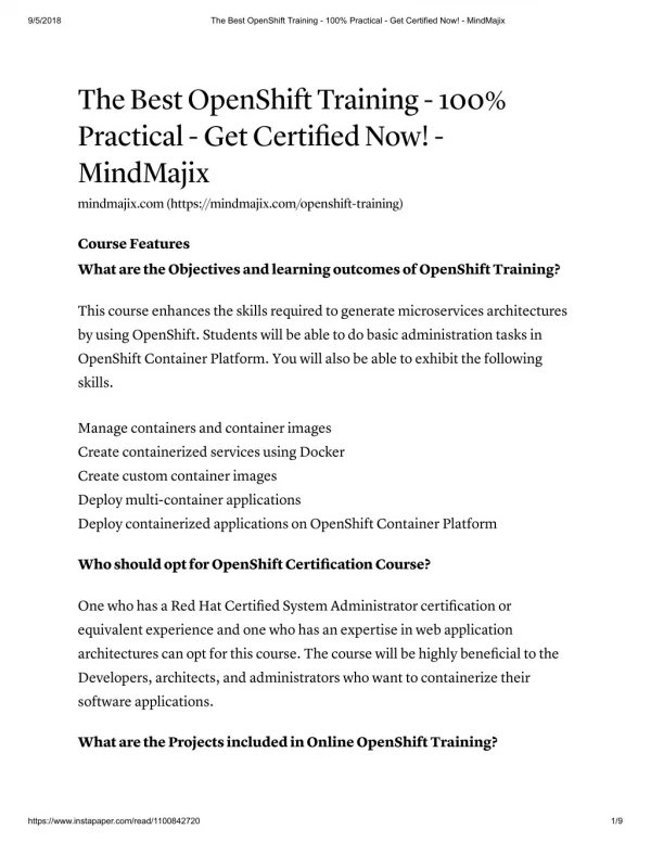 OpenShift Online Training with Free Certification