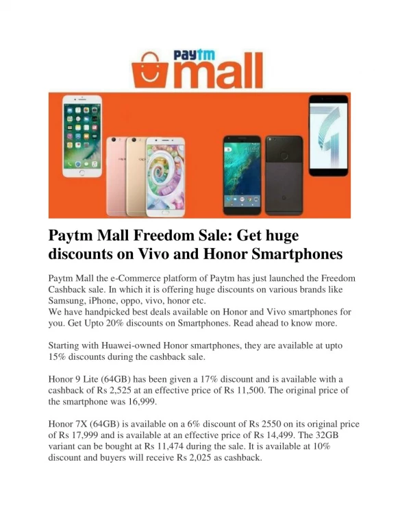 Paytm Mall Freedom Sale: Get huge discounts on Vivo and Honor Smartphones