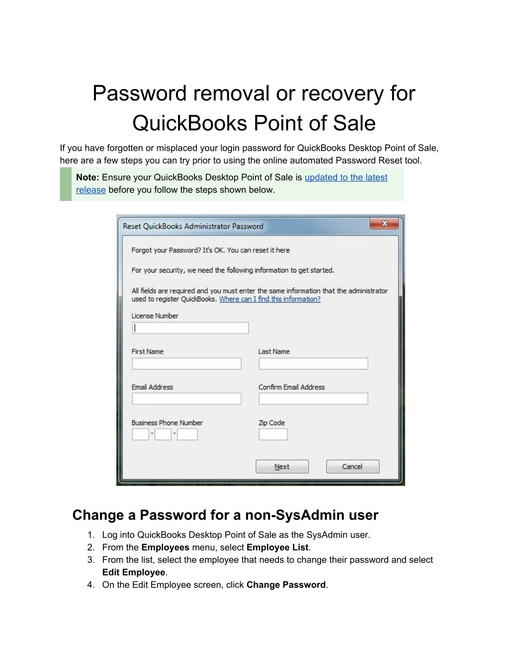 password removal or recovery for quickbooks point