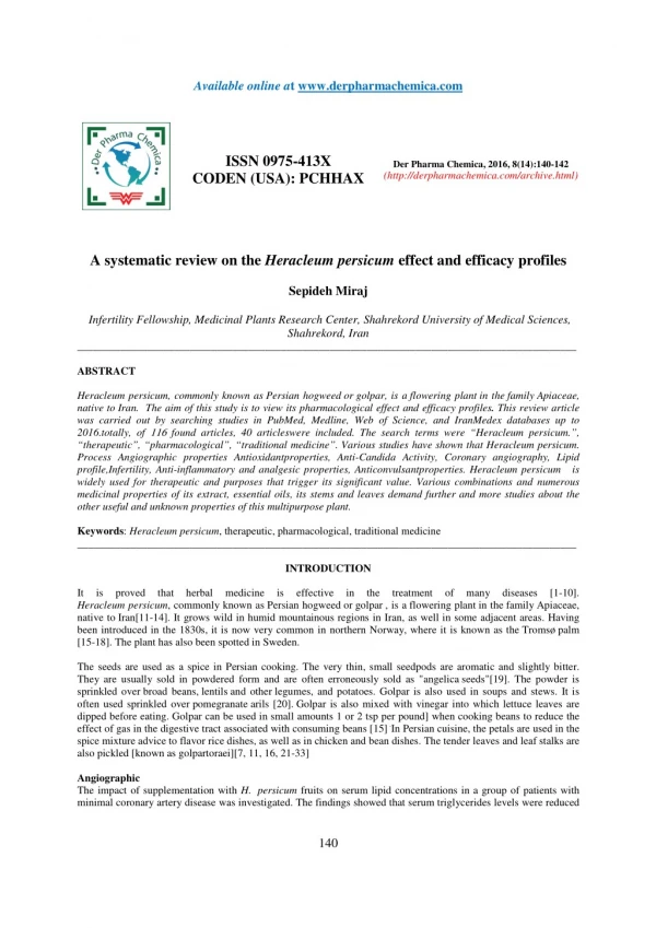 A systematic review on the Heracleum persicum effect and efficacy profiles