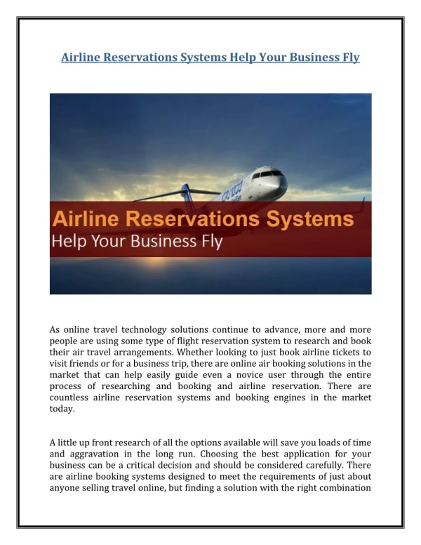 Airline Reservations Systems Help Your Business Fly