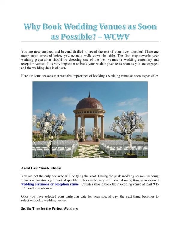 Why Book Wedding Venues As Soon As Possible? - WCWV