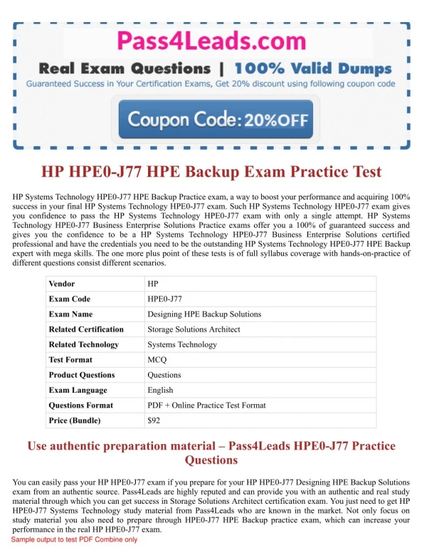 HP HPE0-J77 HPE Backup Exam Questions
