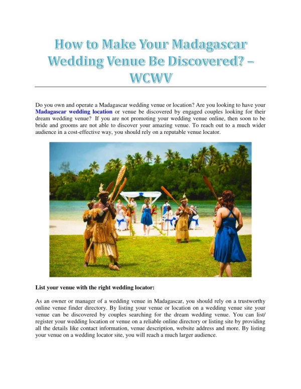 How to Make Your Madagascar Wedding Venue Be Discovered? – WCWV