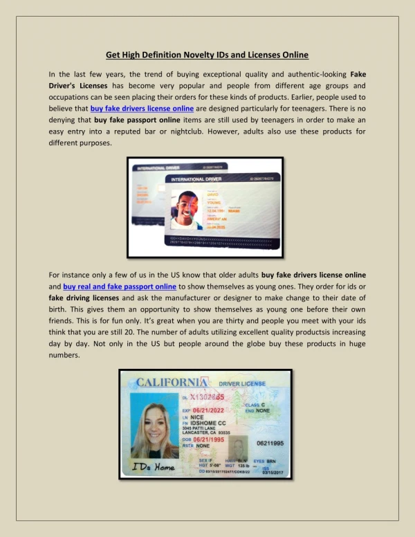 Get High Definition Novelty IDs and Licenses Online