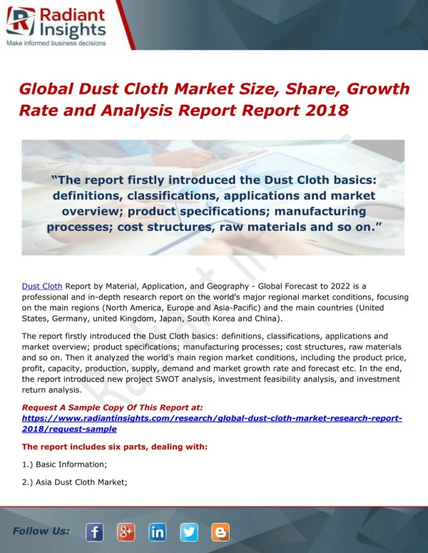 Global Dust Cloth Market Size, Share, Growth Rate and Analysis Report Report 2018