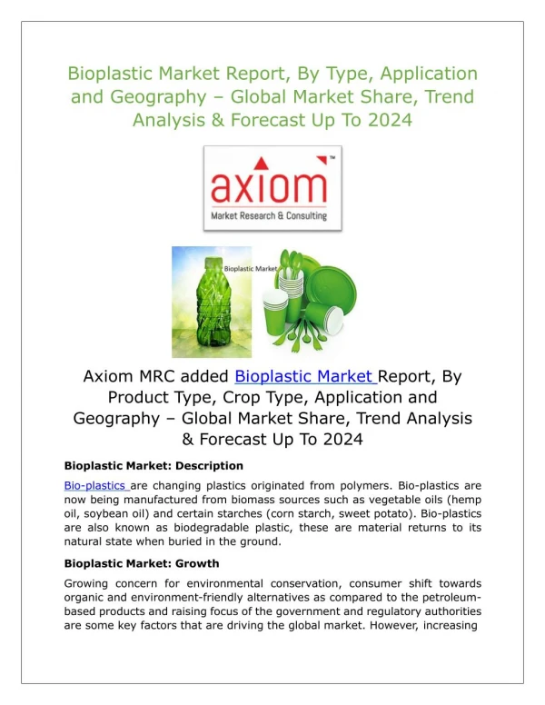 Bioplastic Market Growth Analysis and Future Demand with Forecast up to 2024