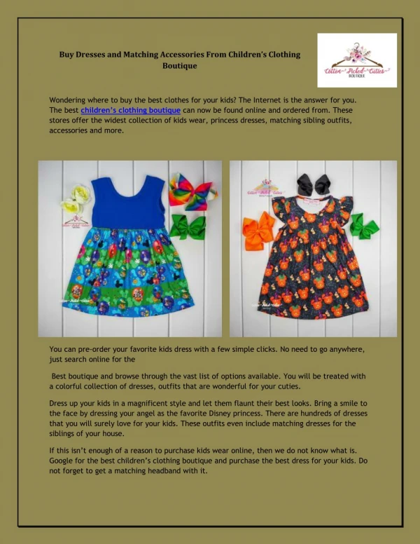 Buy dresses and matching accessories from Childrenâ€™s Clothing boutique