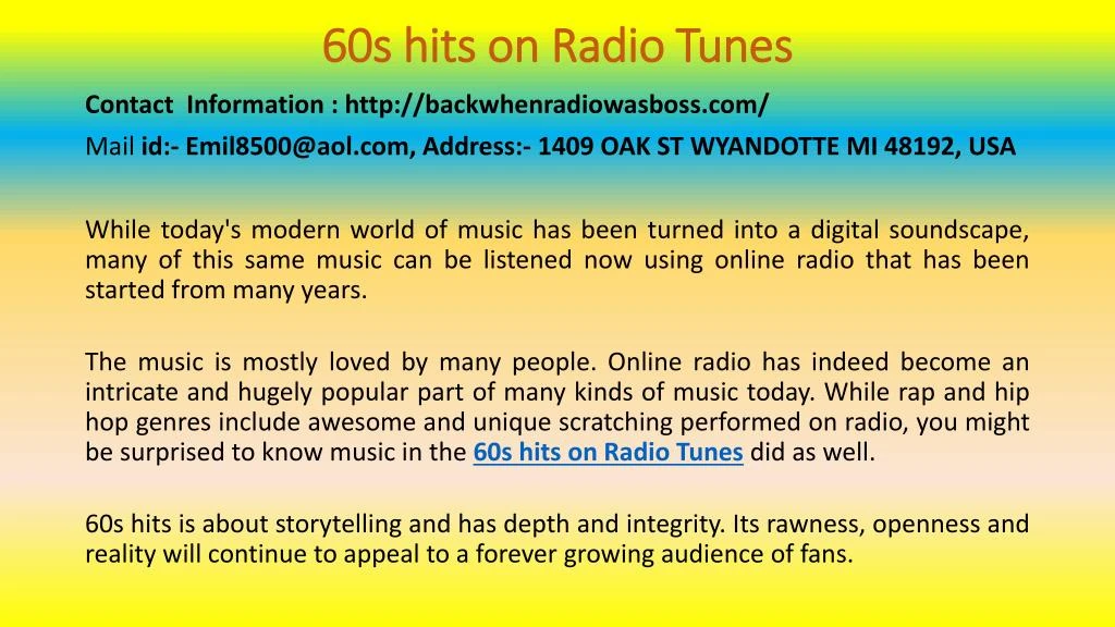 60s hits on radio tunes