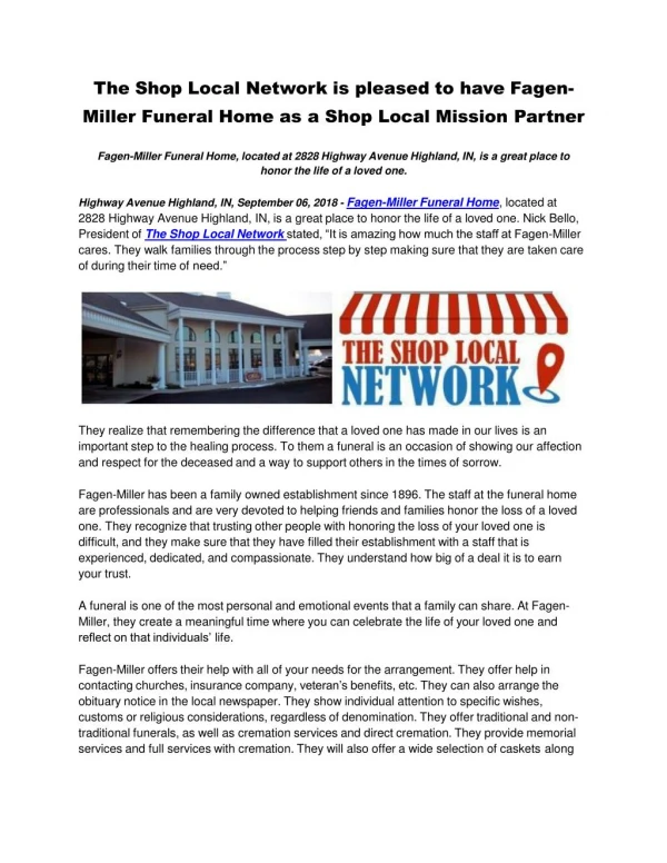 The Shop Local Network is pleased to have Fagen-Miller Funeral Home as a Shop Local Mission Partner