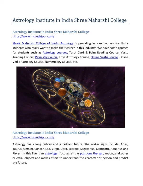 Astrology Institute in India Shree Maharshi College