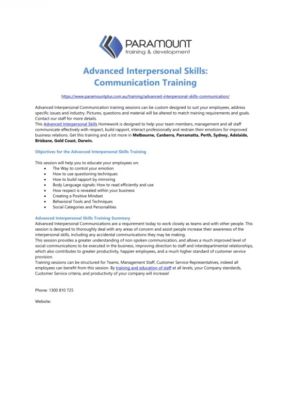 Advanced Interpersonal Skills - Communication Training