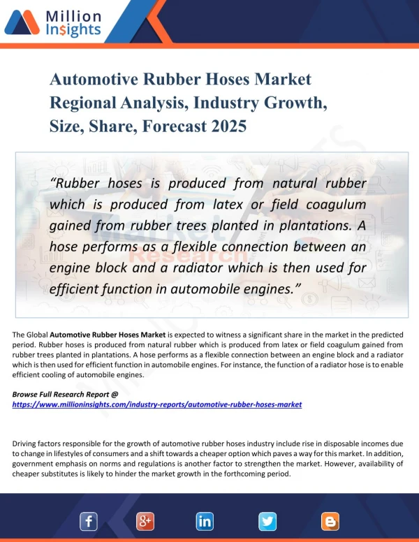 Automotive Rubber Hoses Market Analysis and Forecast to 2025 by Recent Trends, Development and Regional Growth Overview