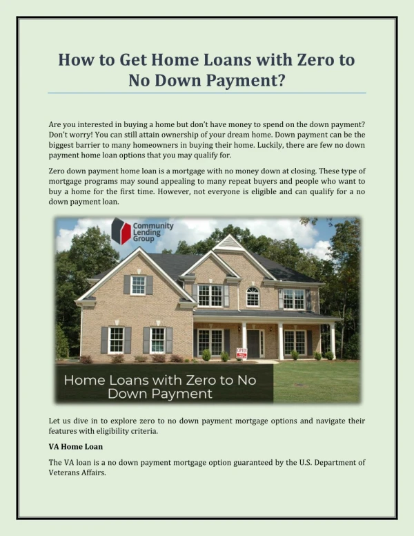 How to Get Home Loans with Zero to No Down Payment?