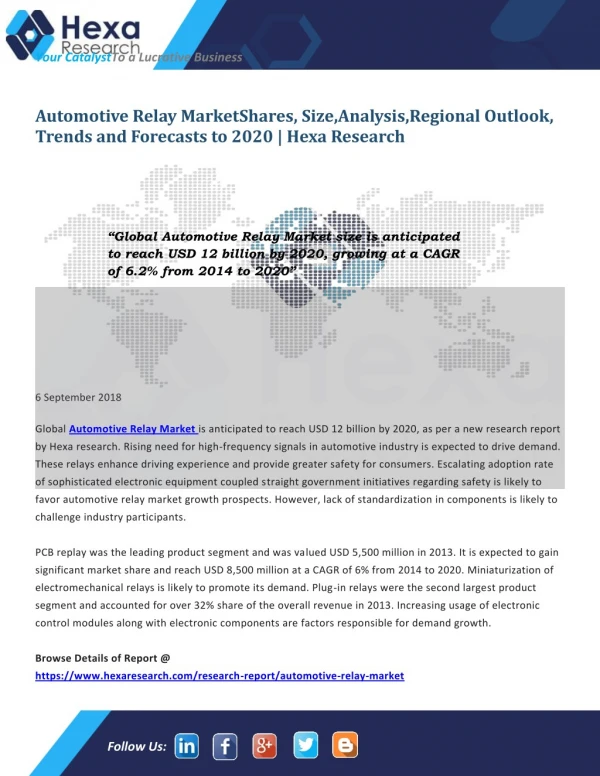 Research Insights on Global Automotive Relay Market Size, Share, Growth and Forecast to 2020