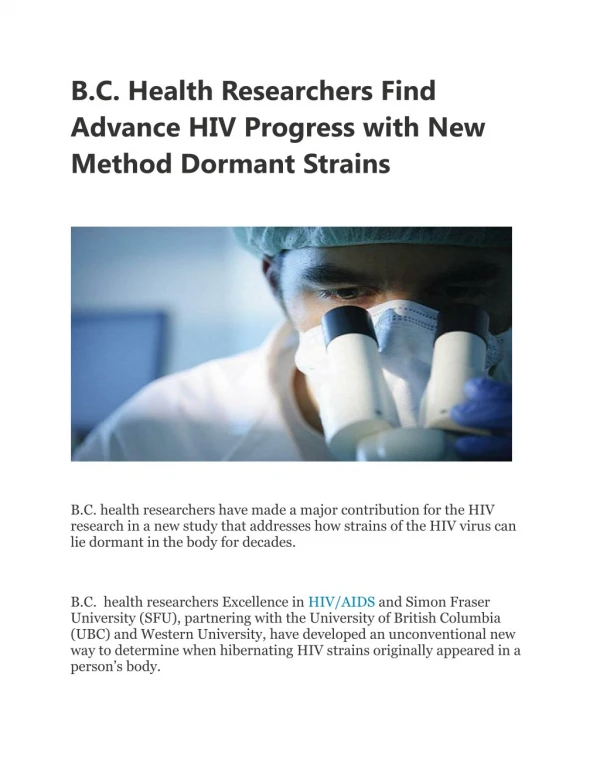 B.C. Health Researchers Find Advance HIV Progress with New Method Dormant Strains