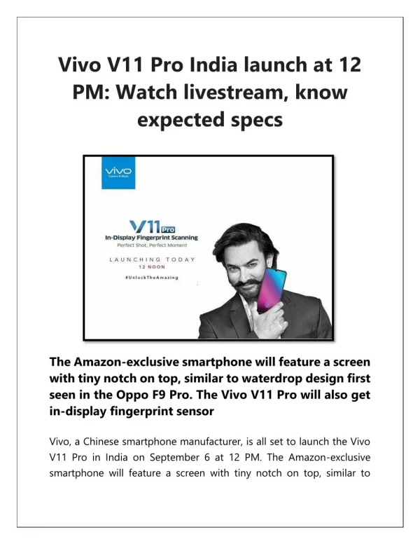 Vivo V11 Pro India launch at 12 PM: Watch livestream, know expected specs