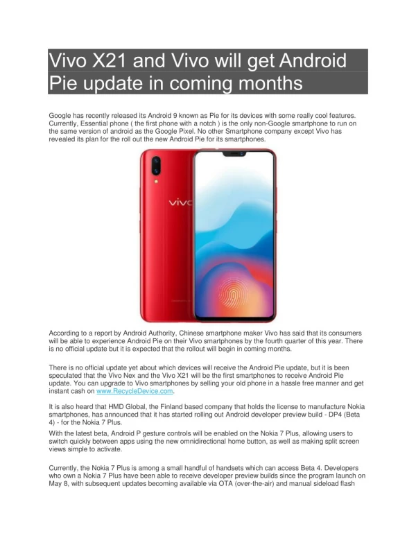Vivo X21 and Vivo will get Android Pie update in coming months