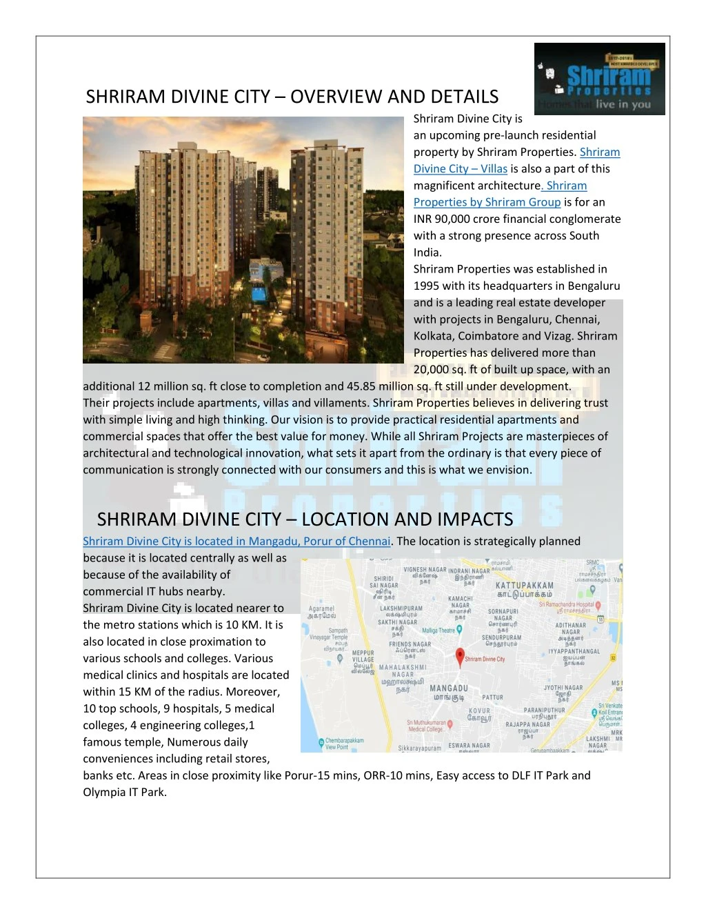 shriram divine city overview and details