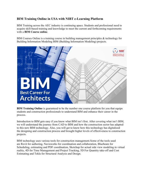 BIM Training Online in USA with NIBT e-Learning Platform