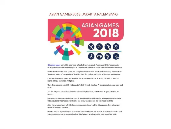 ASIAN GAMES 2018: JAKARTA PALEMBANG