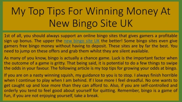 My Top Tips For Winning Money At New Bingo Site UK
