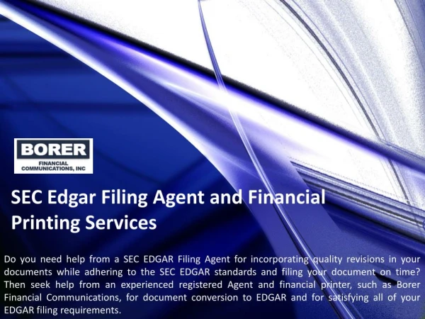 SEC Edgar Filing Agent and Financial Printing Services