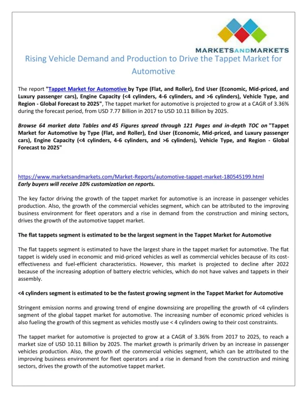 Rising Vehicle Demand and Production to Drive the Tappet Market for Automotive