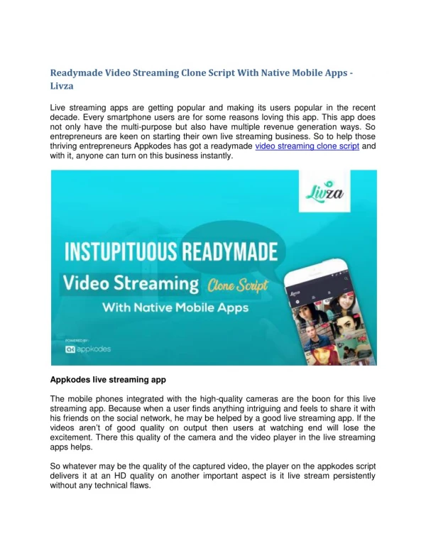 Readymade Video Streaming Clone Script With Native Mobile Apps - Livza