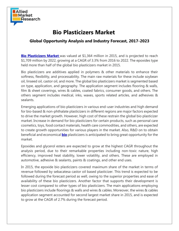 Bio Plasticizers Market