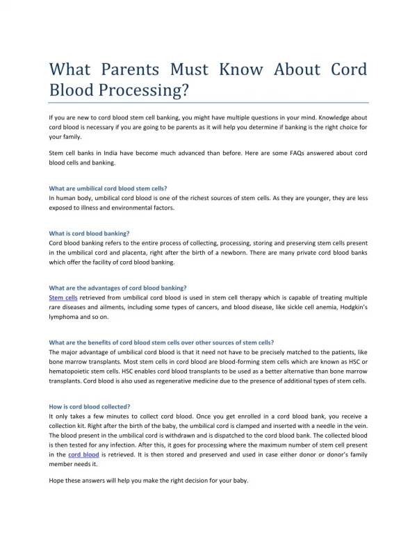 What Parents Must Know About Cord Blood Processing?
