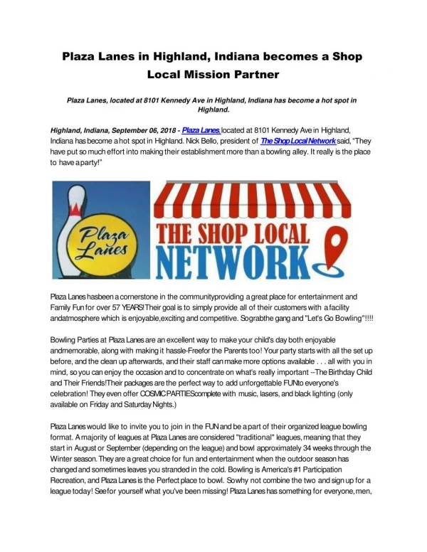 Plaza Lanes in Highland, Indiana becomes a Shop Local Mission Partner