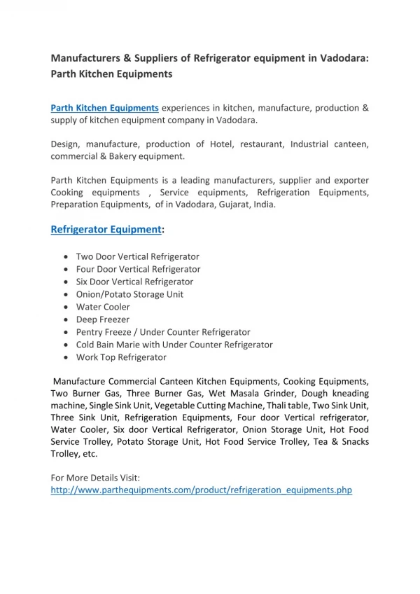 Manufacturers & Suppliers of Refrigerator equipment in Vadodara: Parth Kitchen Equipments