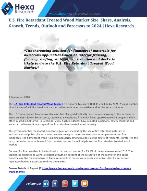 Research Insights on U.S. Fire Retardant Treated Wood Market Size, Share, Growth and Forecast to 2024