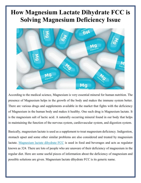 Magnesium Lactate Dihydrate FCC Solves Magnesium Deficiency Issue