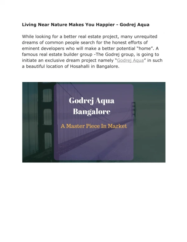 Godrej Aqua | Hosahalli, Billamaranahalli | Bangalore | Price