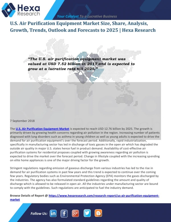 U.S. Air Purification Equipment Market Size, Share, Growth and Forecast to 2025