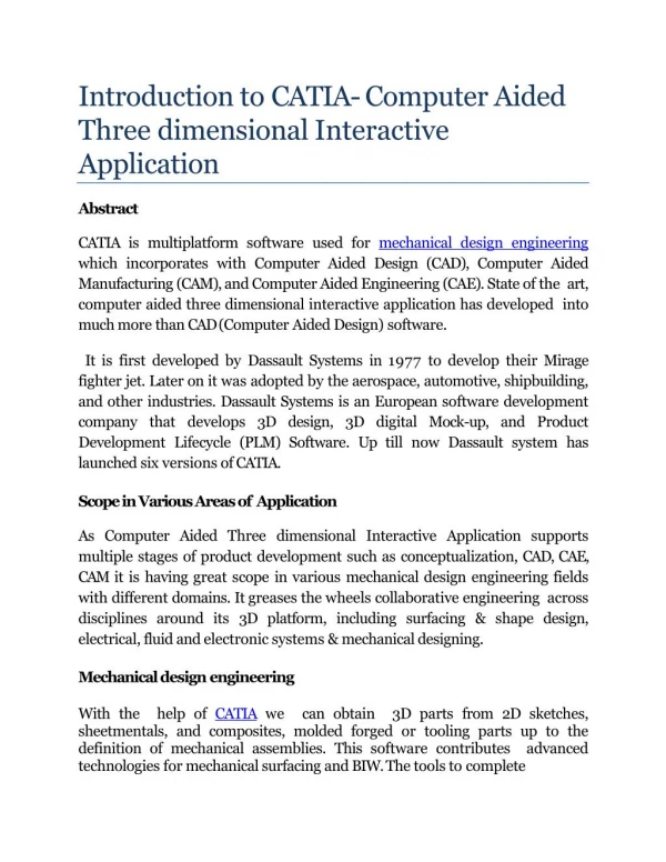 introduction to catia computer aided three dimensional interactive application