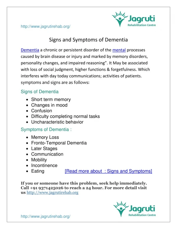 Signs and Symptoms | Dementia Care Centre in Pune | Jagruti rehab