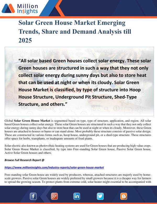 Solar Green House Market Emerging Trends, Share and Demand Analysis till 2025