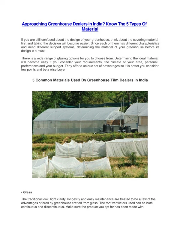 Approaching Greenhouse Dealers in India? Know The 5 Types Of Material